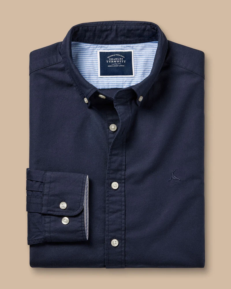 Button Down Collar Stretched Washed Oxford Extra Slim Fit Shirt Navy