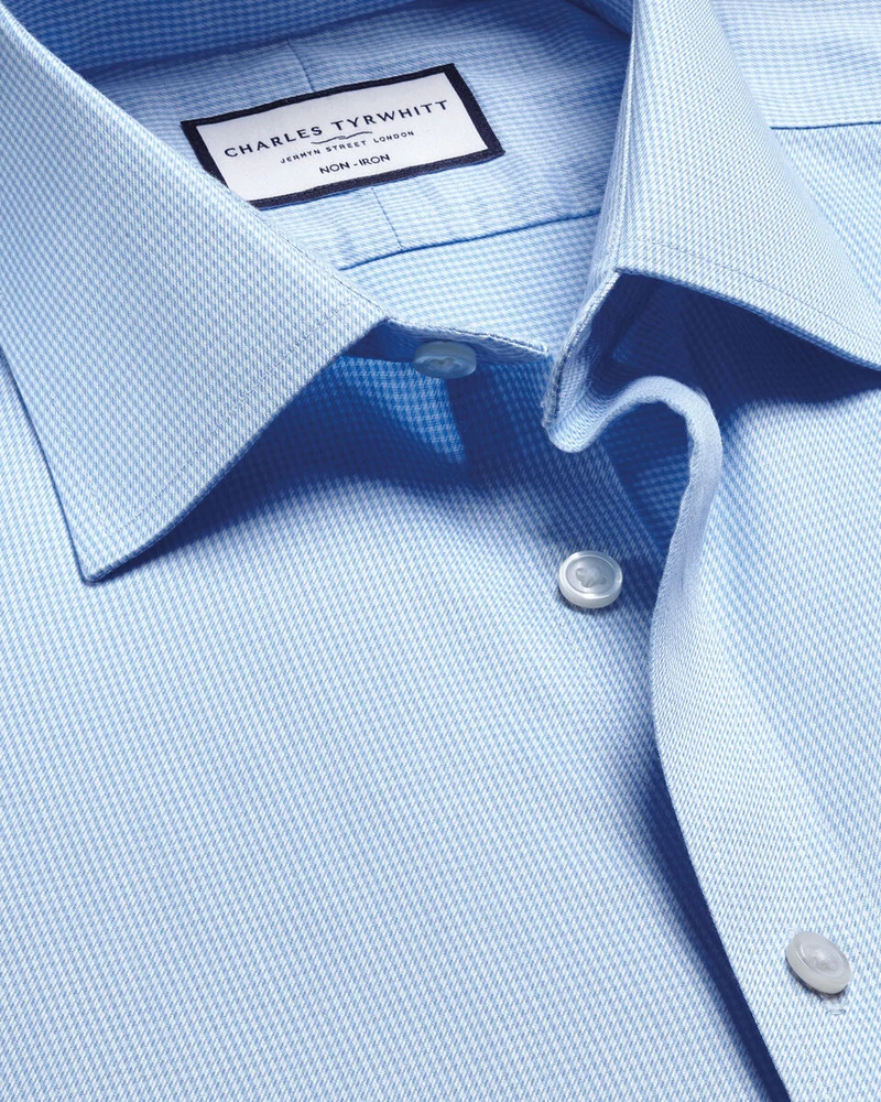 Double Cuff Non-Iron Puppytooth Extra Slim Fit Shirt - Sky Blue