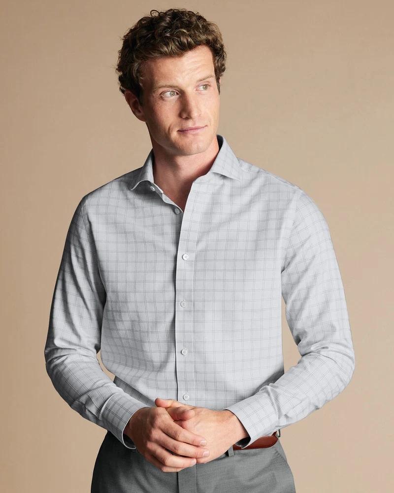 Double Cuff Cutaway Collar Non-Iron Mayfair Weave Check Slim Fit Shirt - Silver