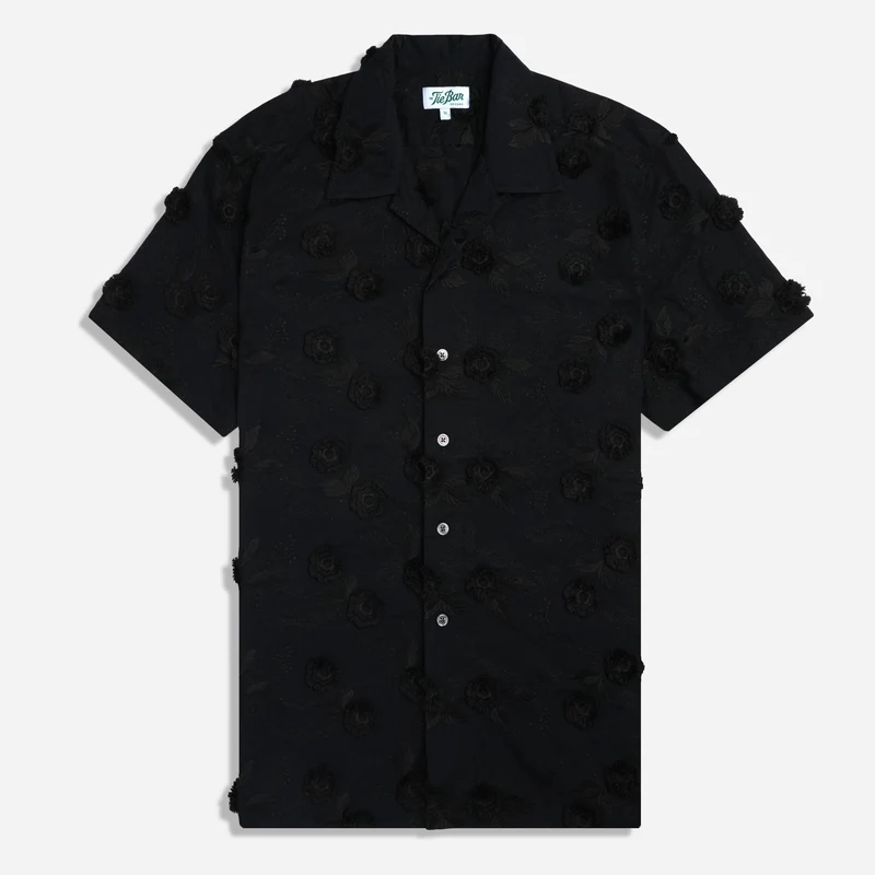 Applique Floral Black Camp Collar Shirt