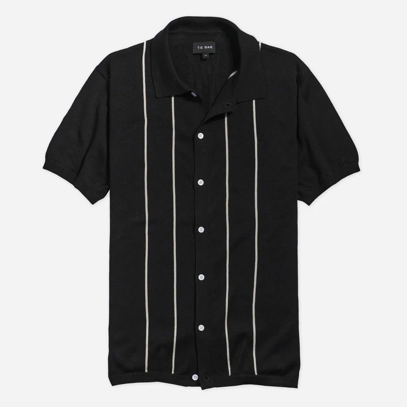 Full Placket Vertical Stripe Black Polo