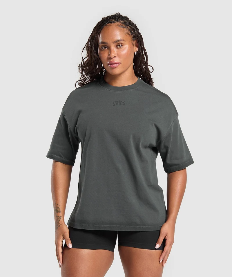 Gymshark Gains Washed Heavyweight Cotton T-Shirt - Asphalt Grey/Black/Spray Dye