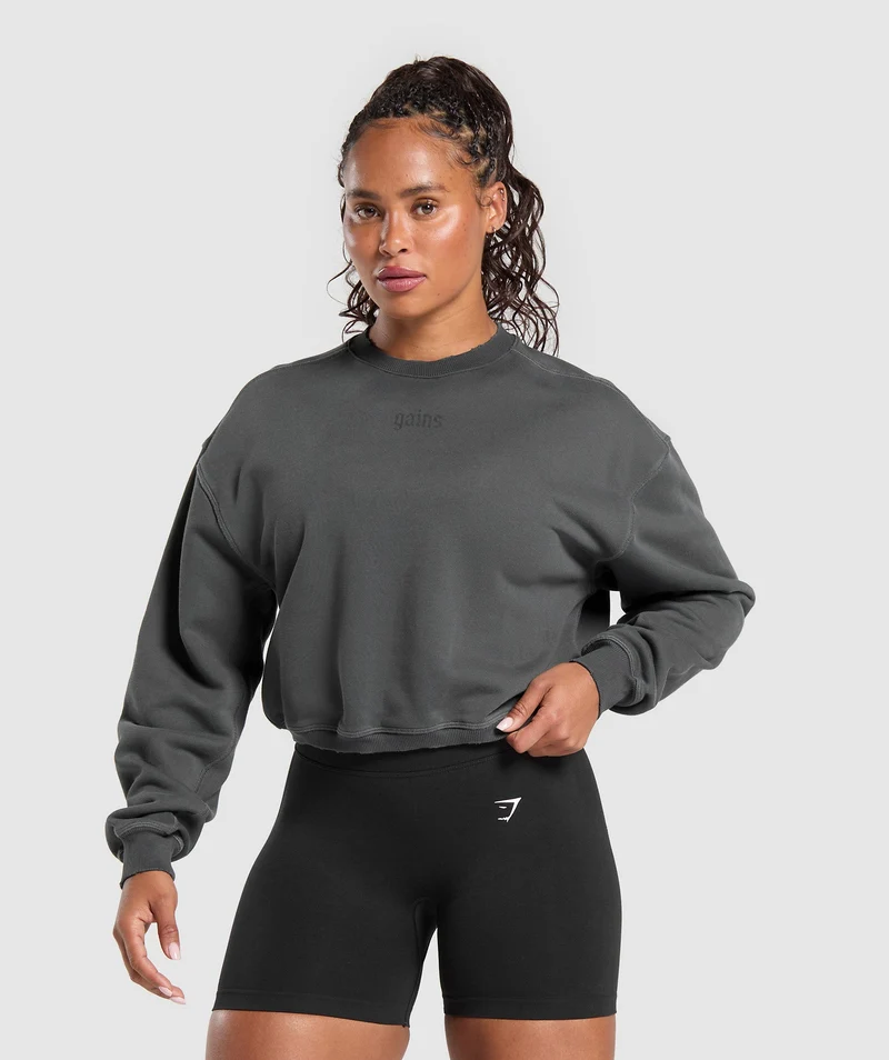 Gymshark Gains Washed Loopback Crew Neck - Asphalt Grey/Black/Spray Dye
