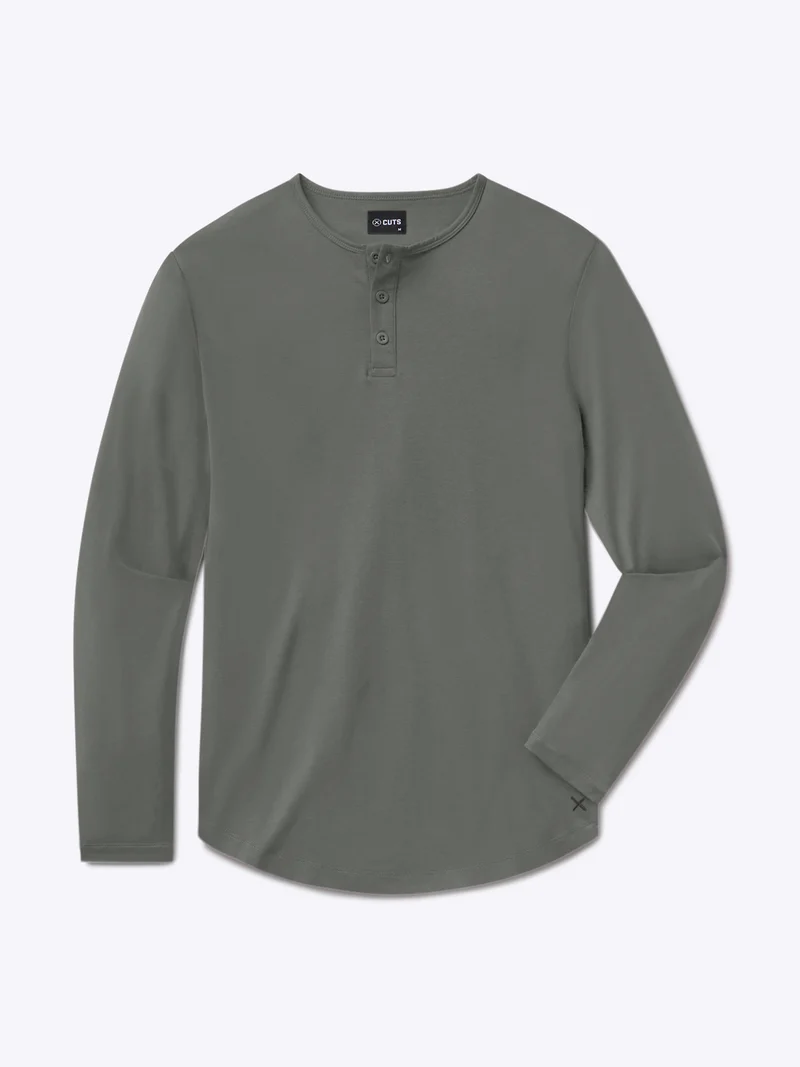 AO Long Sleeve Henley Curve-Hem Tee | Castor Grey Signature-Fit PYCA Pro®