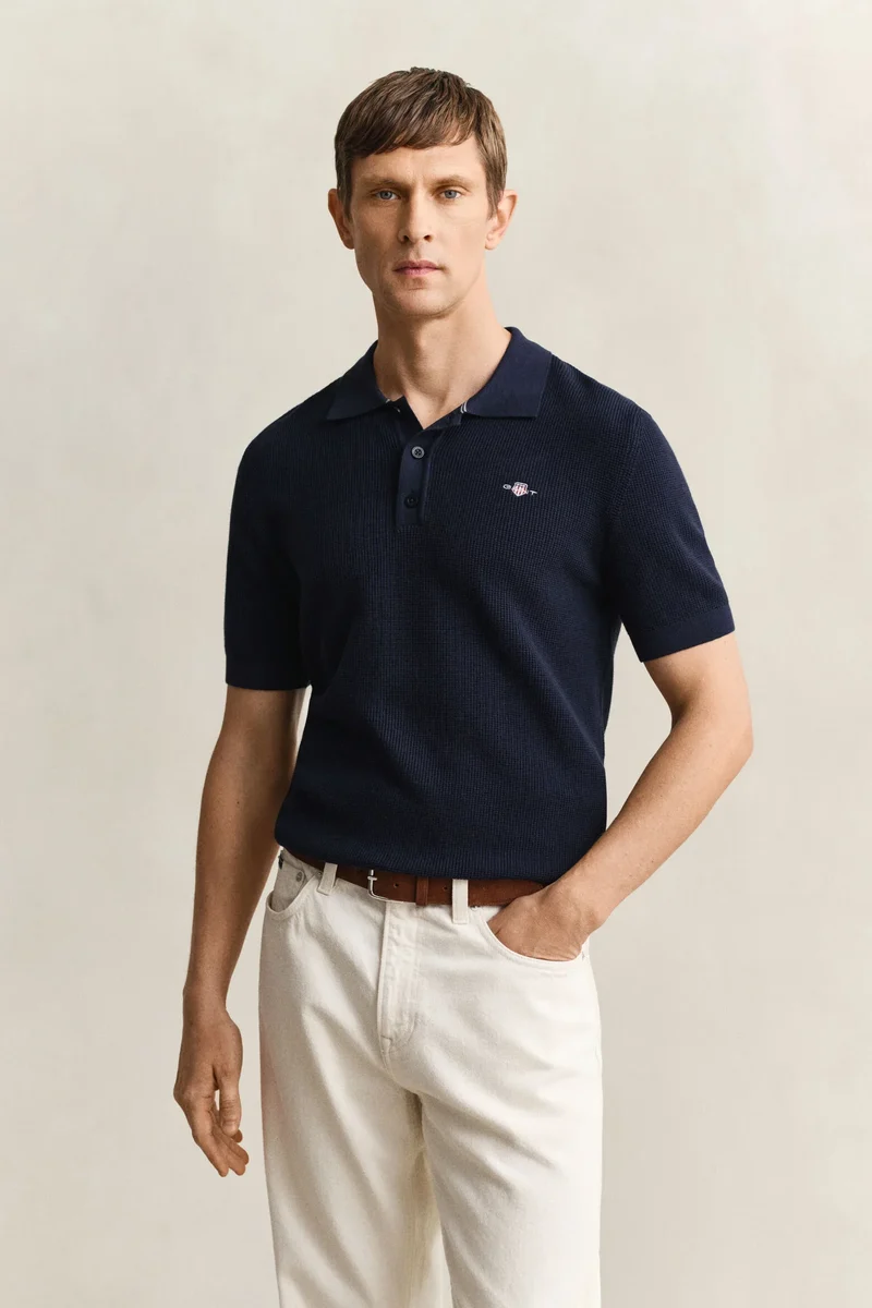 MICRO TEXTURED COTTON SS POLO - 433 EVENING BLUE