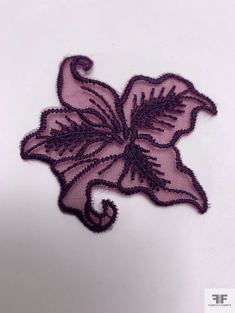Large Lily Embroidered Organza Applique Set - Dark Plum