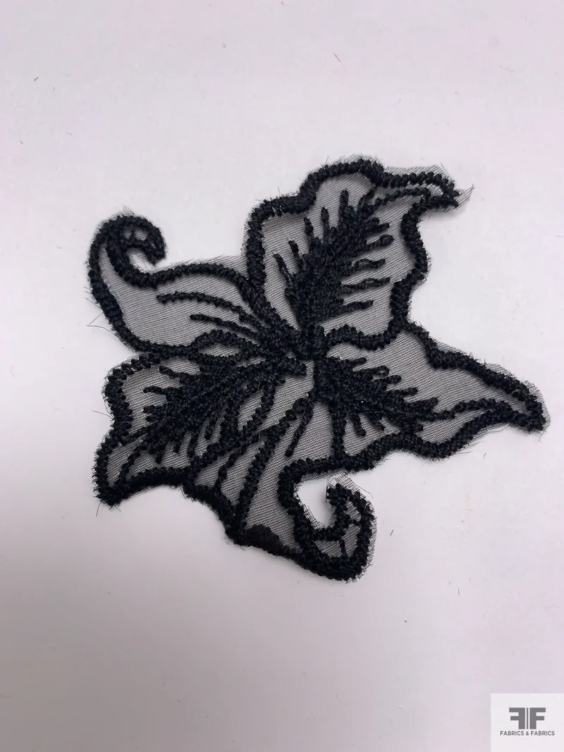 Large Lily Embroidered Organza Applique Set - Black