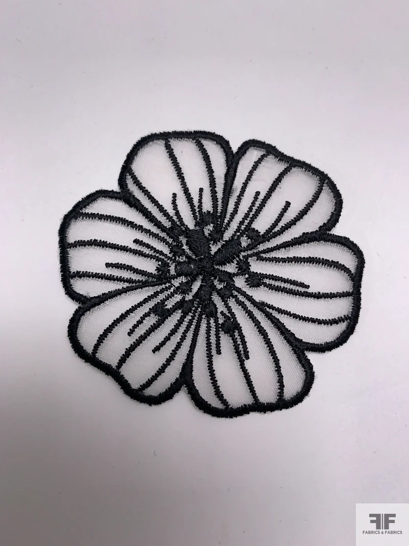 Large Wild Rose Embroidered Organza Applique Set - Black / White