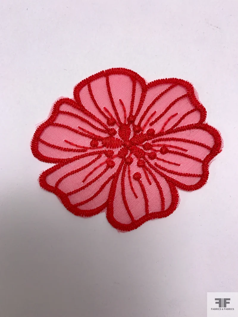Large Wild Rose Embroidered Organza Applique Set - Red
