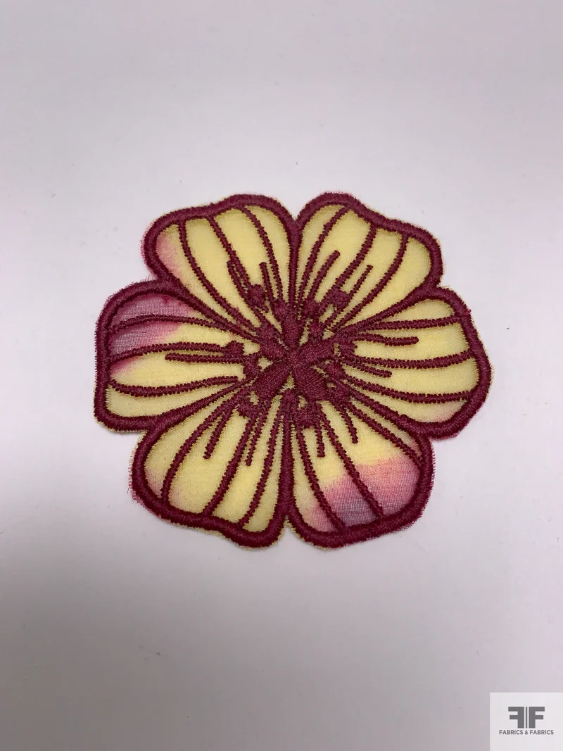 Large Wild Rose Embroidered Organza Applique Set - Yellow / Plum