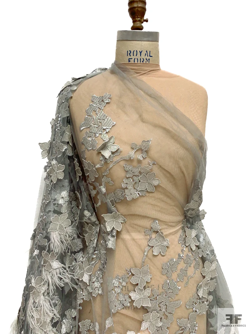 Embroidered Tulle with 3D Flowers and Ostrich Feathers - Grey