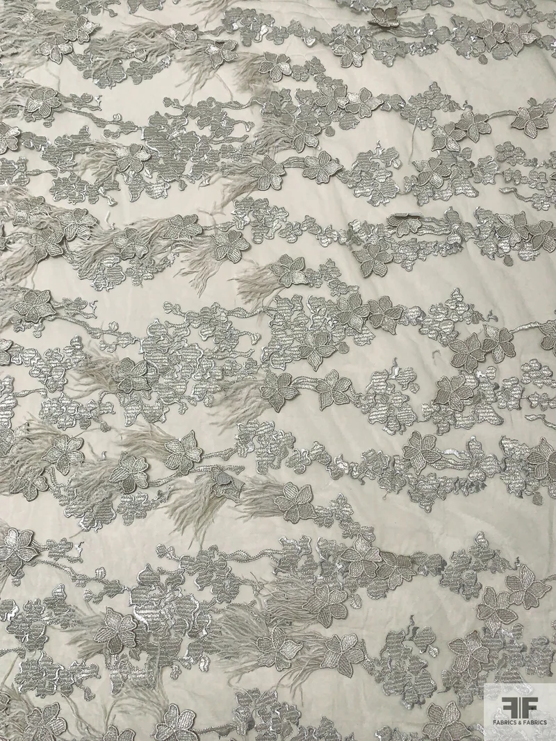 Embroidered Tulle with 3D Flowers and Ostrich Feathers - Grey