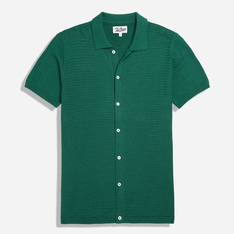 Textured Crochet Full Placket Spruce Green Polo