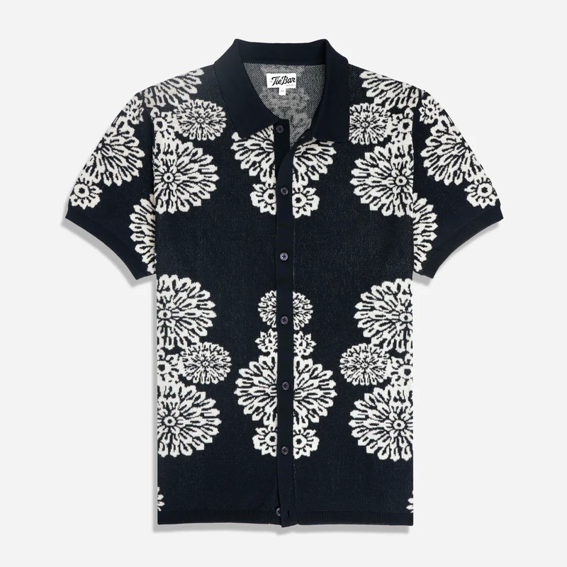 Floral Jacquard Full Placket Indigo Navy Polo