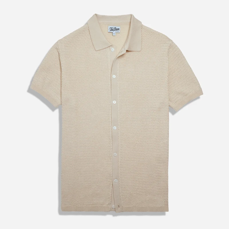 Textured Crochet Full Placket Ivory Polo