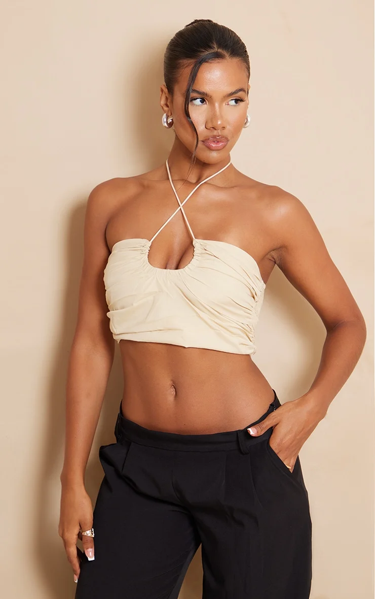 Sand Cotton Pleated Halter Crop Top