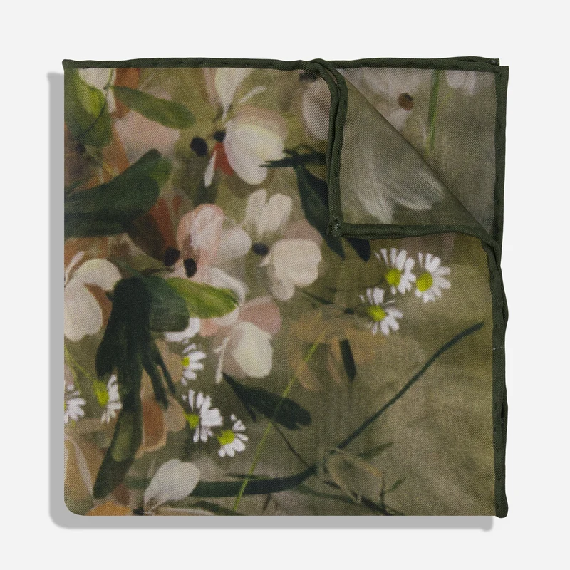 Kelly Ventura x The Tie Bar Hellebore Garden Floral Dusty Olive Pocket Square