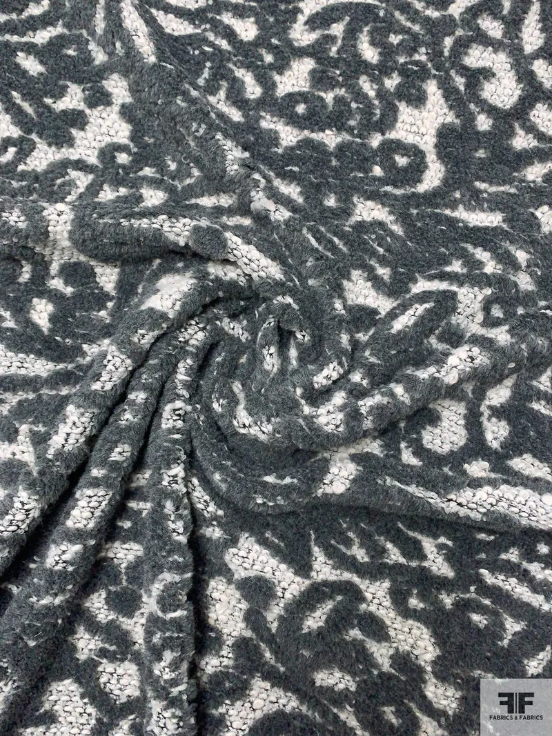 Italian Floral Motif Chunky Sweater Knit Novelty - Grey / Off-White / Black