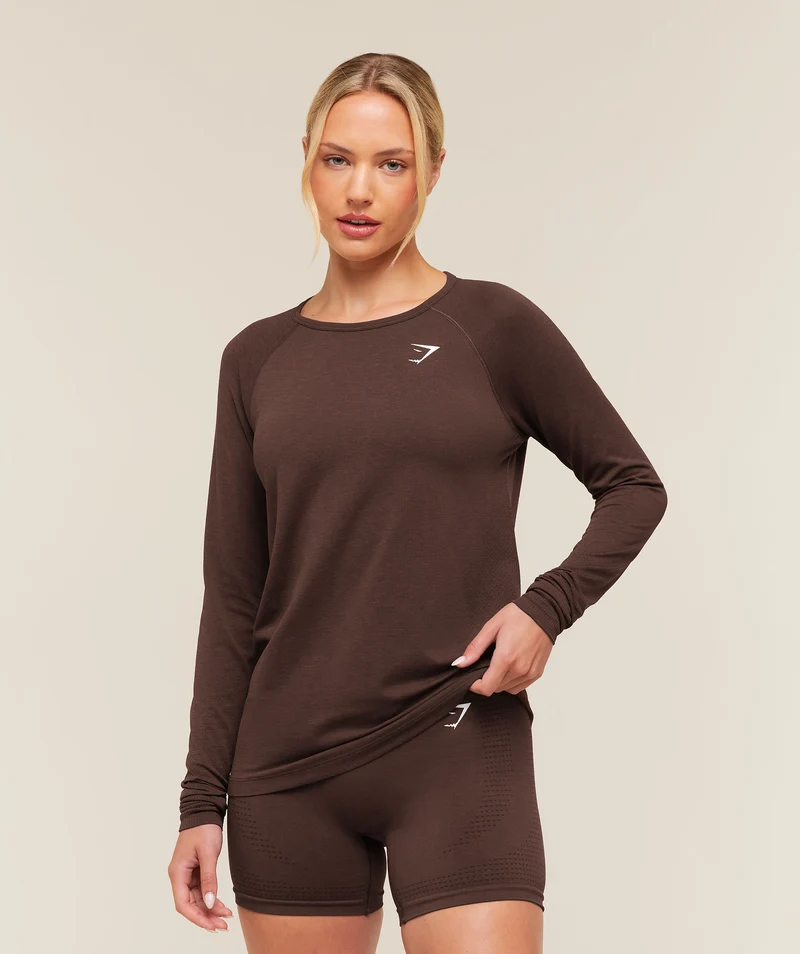 Gymshark Vital Seamless 2.0 Light Long Sleeve Top - Rich Espresso Brown/Marl