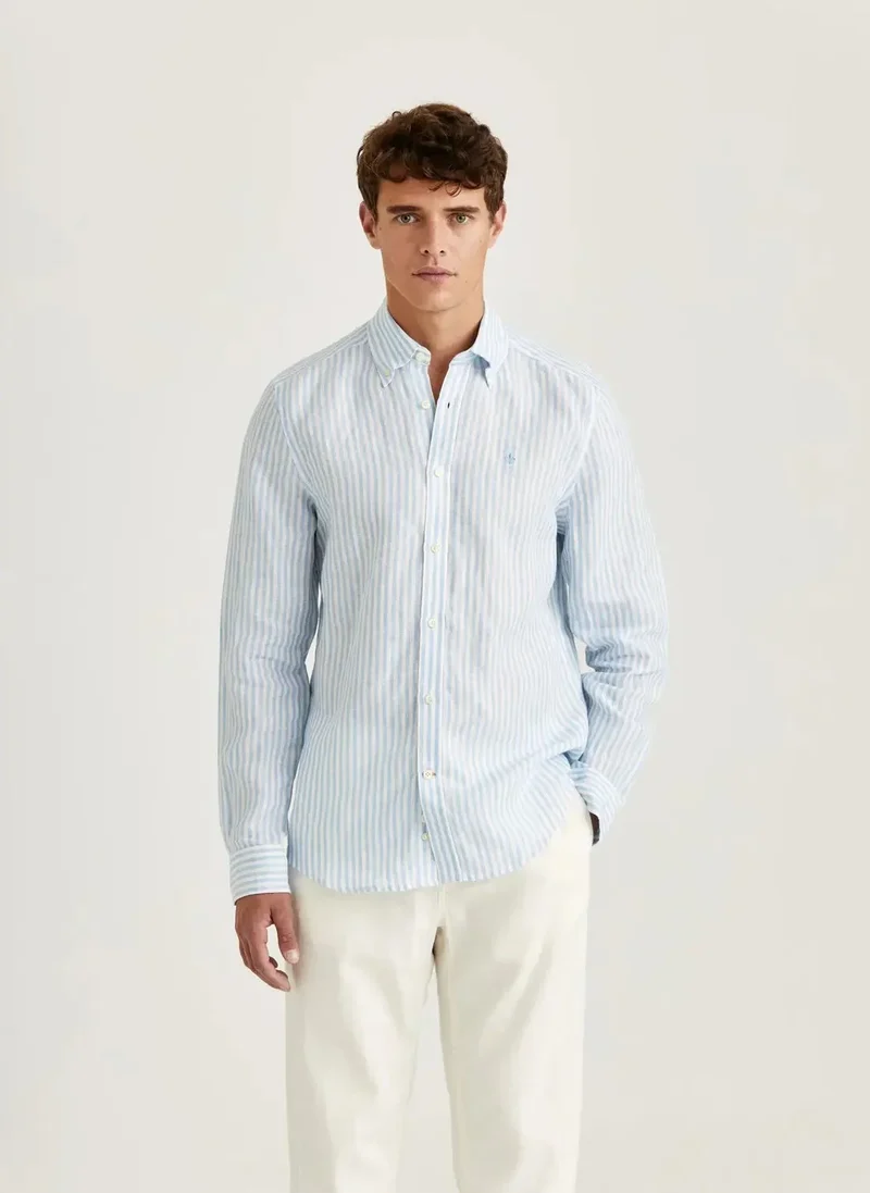 Douglas Linen Stripe Shirt-Classic Fit - 56 Blue