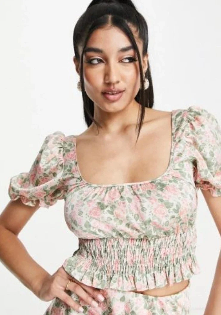 Satin Shirred Tea Top Co-Ord In Rose Print-Multi