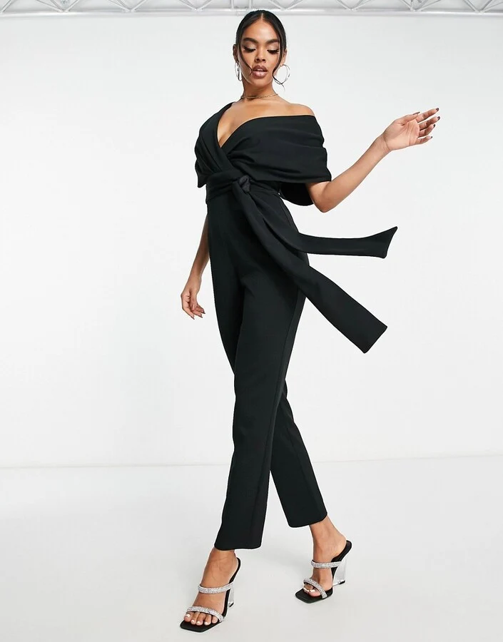 Fallen Shoulder Scuba Jumpsuit in Black
