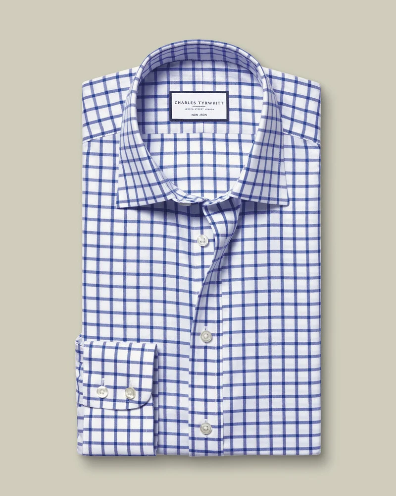 Non-Iron Twill Grid Check Classic Fit Shirt - Cobalt Blue