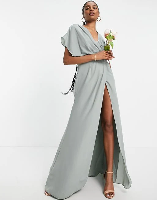 Tall Bridesmaid Short Sleeved Cowl Front Maxi Dress with Button Back detail in olive