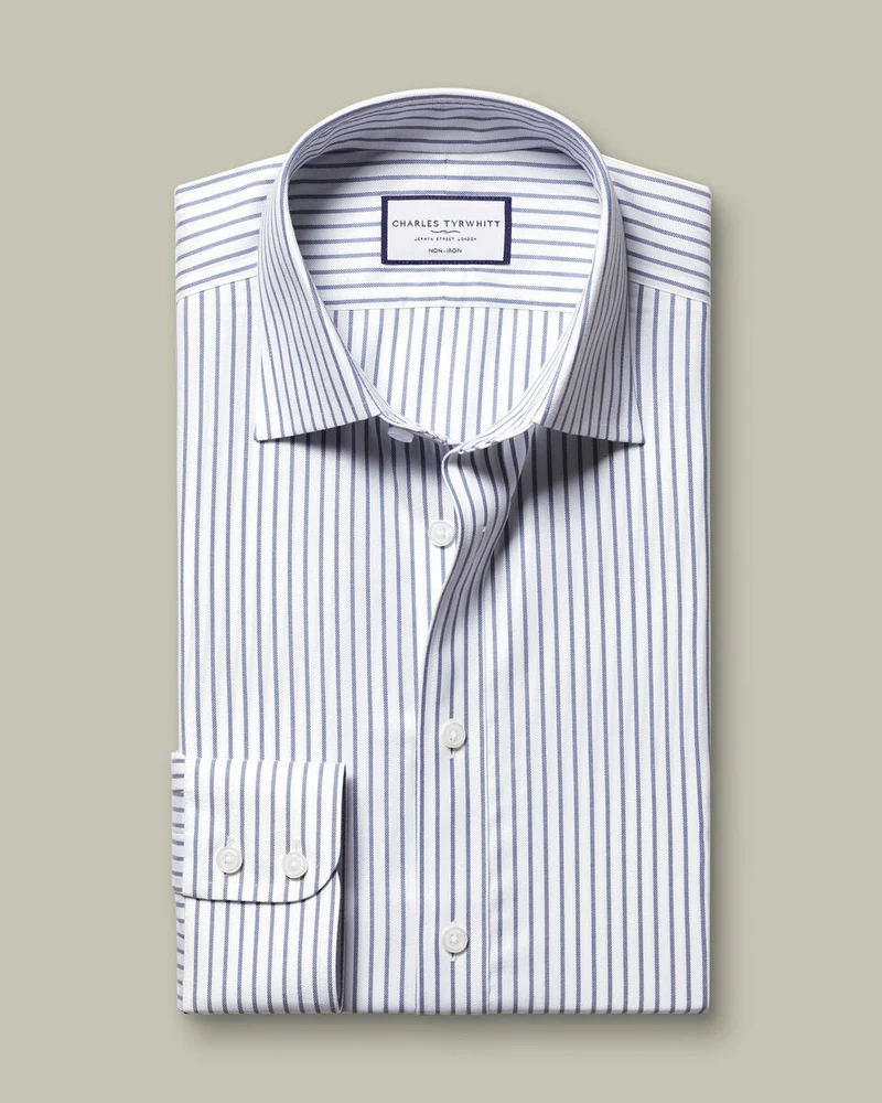 Non-Iron Twill Stripe Slim Fit Shirt - Indigo Blue