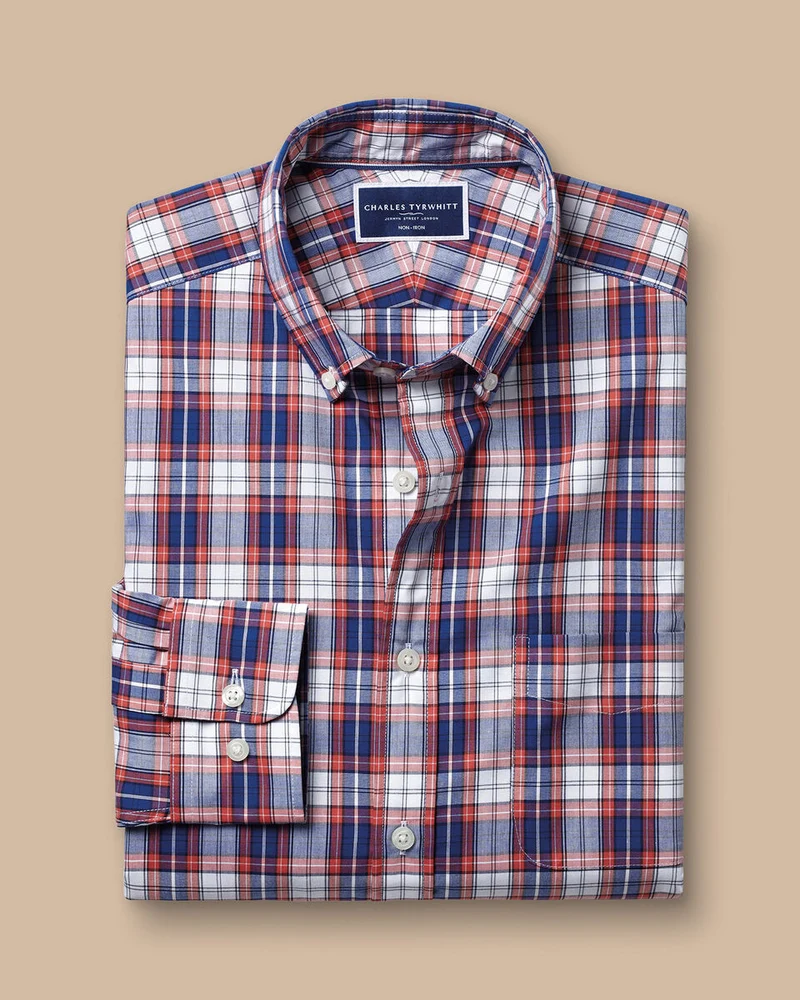 Button-Down Collar Non-Iron Stretch Poplin Check Slim Fit Shirt - Red