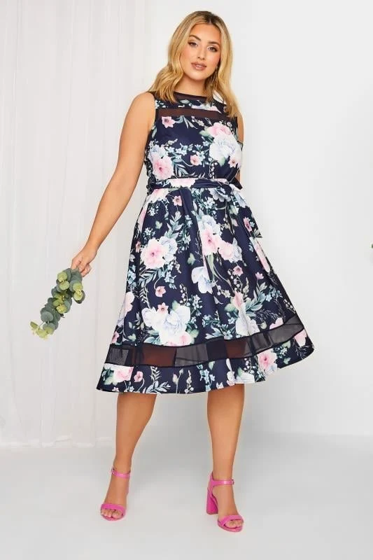 Curve Navy Blue and Pink Floral Mesh Panel Skater Dress