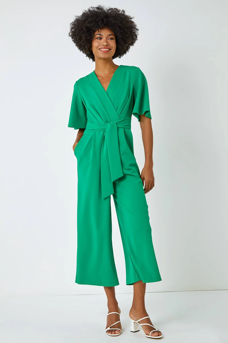 Green Angel Sleeve Cropped Wrap Jumpsuit