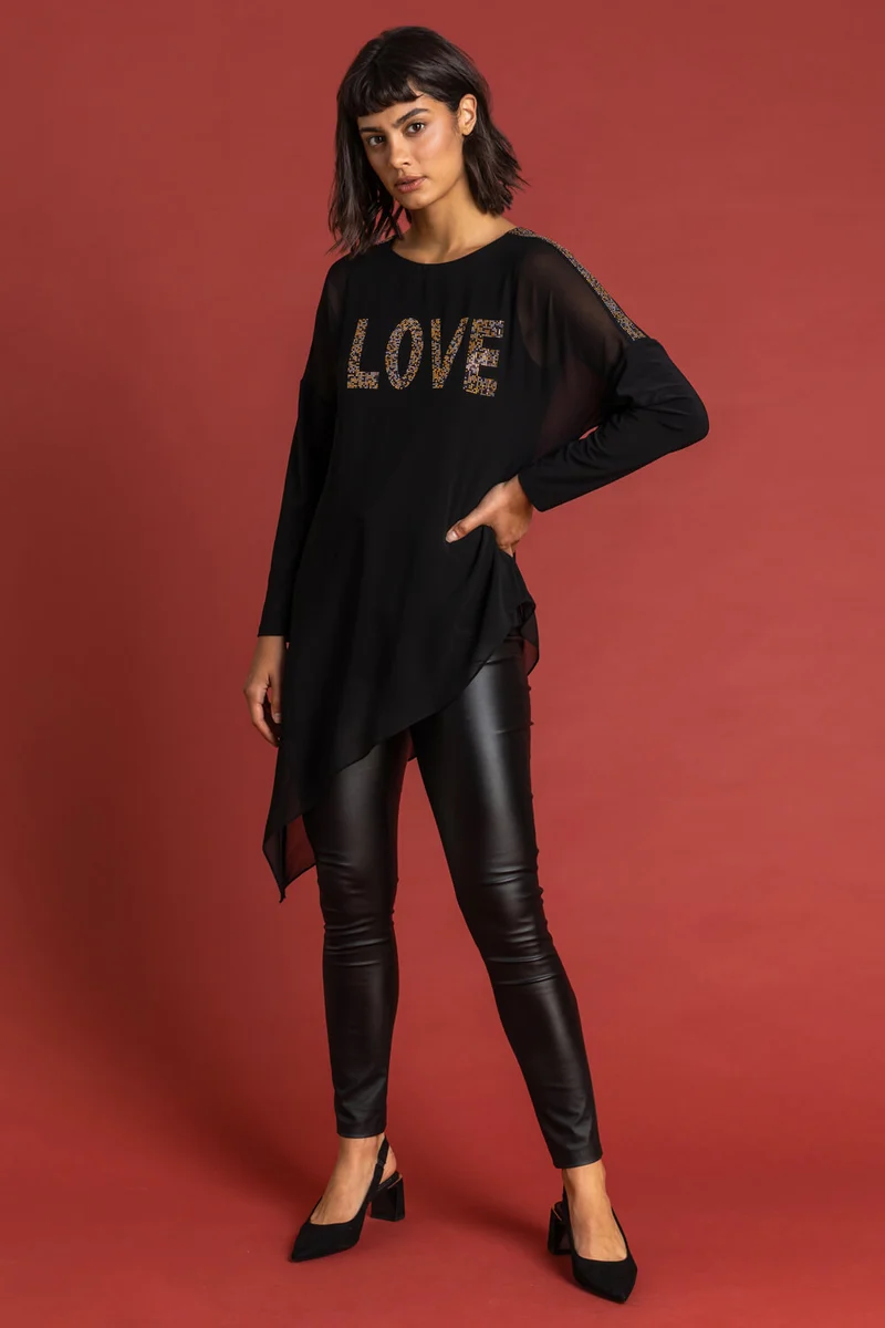 Black Asymmetric Love Embellished Top