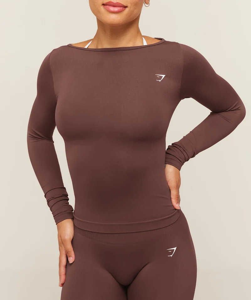 Gymshark Everyday Seamless Wide Neck Long Sleeve Top - Espresso Brown