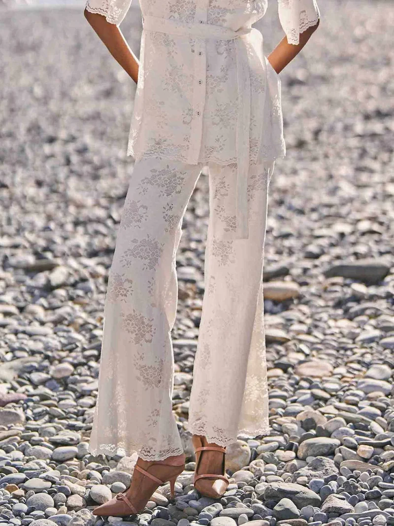 Elegant Floral Lace Elastic Waist Flared Pants