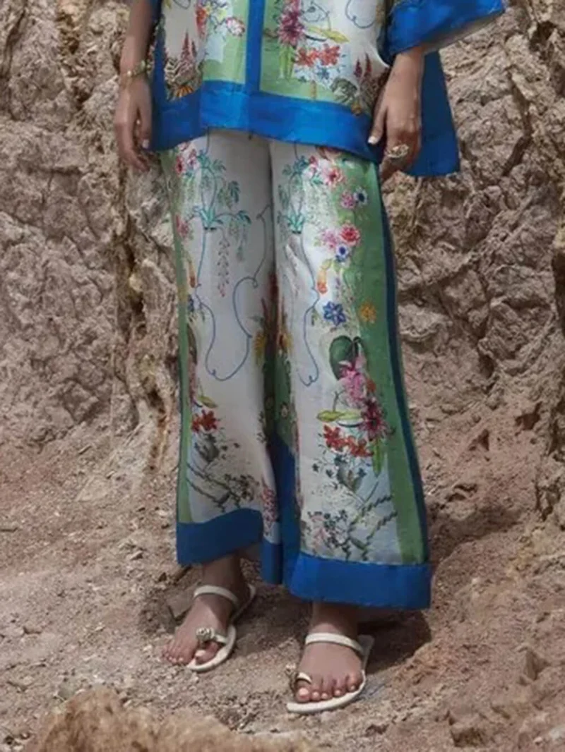 Modern Satin Floral Patchwork Wide-Leg Pants