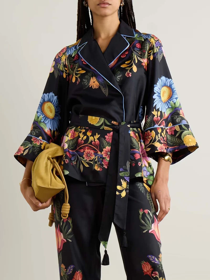 Exquisite Satin Floral Print Contrast Piping Wrap Lace-Up Shirt