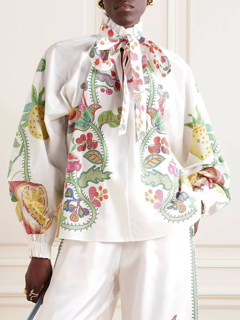 Unique Bow Tie Neck Floral Satin Ruffle Loose Blouse