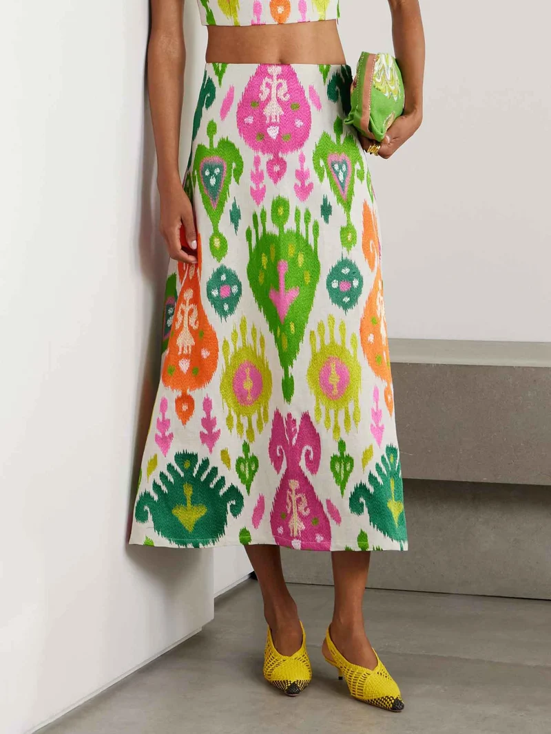 Vibrant Ikat Print High-Waist Midi Skirt