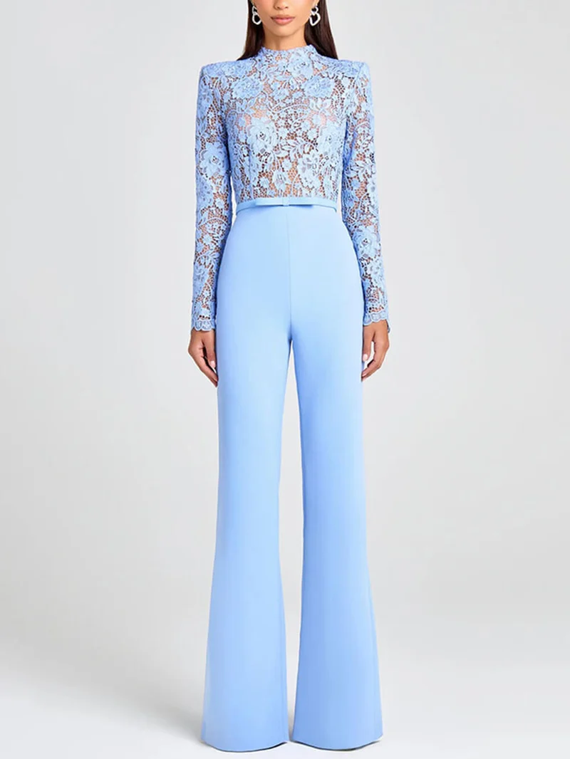 Elegant Party Charmer Flower Lace Patchwork Long Sleeve Bow Belted Flare Jumpsuit