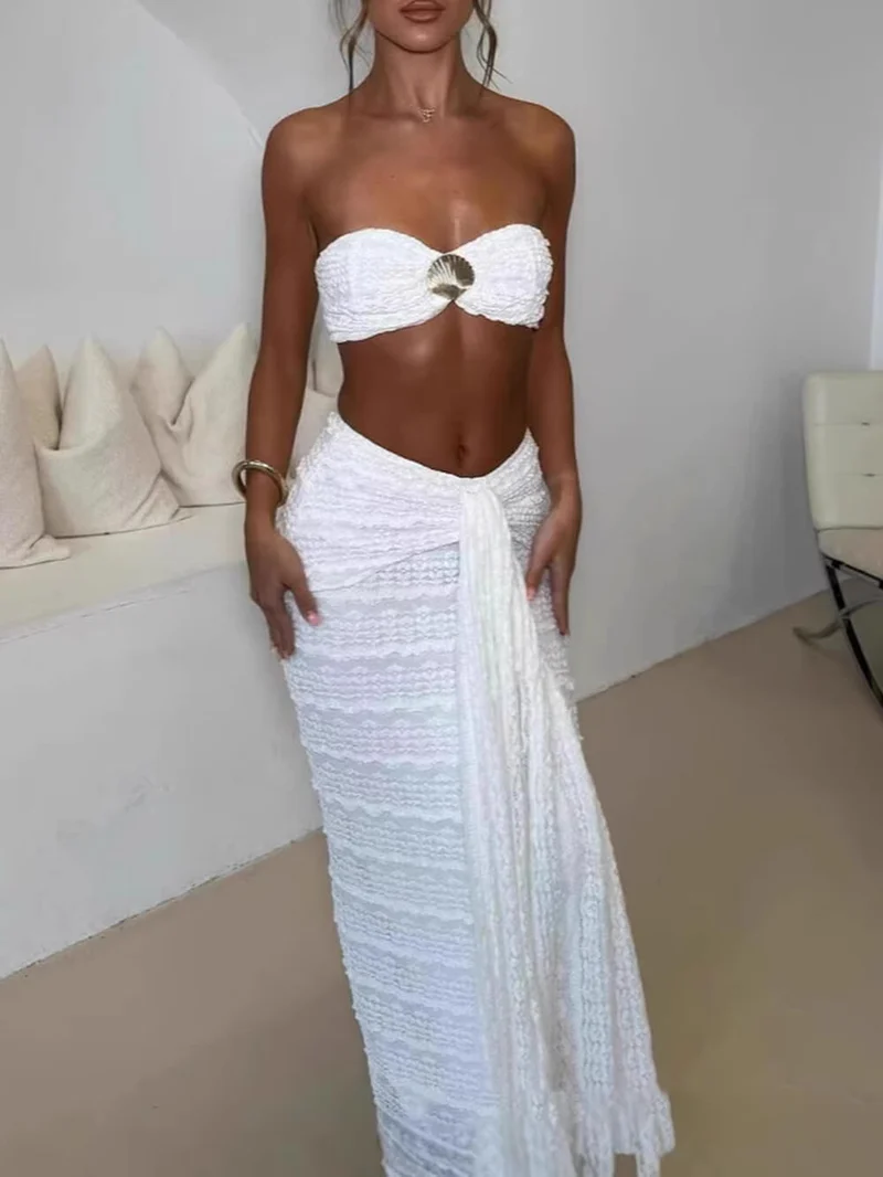 Elegant Strapless Shell-Embellished Top & Ruched Skirt Set