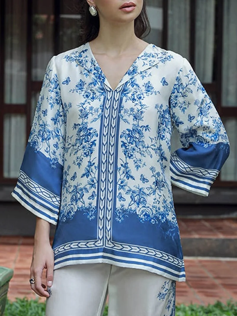 Classic Floral Print Patchwork Collared Loose Shirt