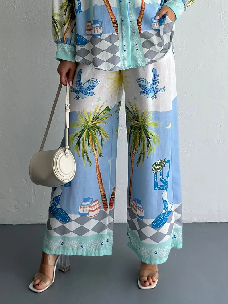 Unique Coastal Palm Tree Print Wide-Leg Pants
