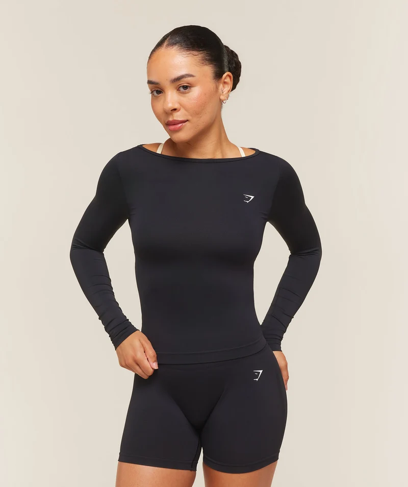 Gymshark Everyday Seamless Wide Neck Long Sleeve Top - Black