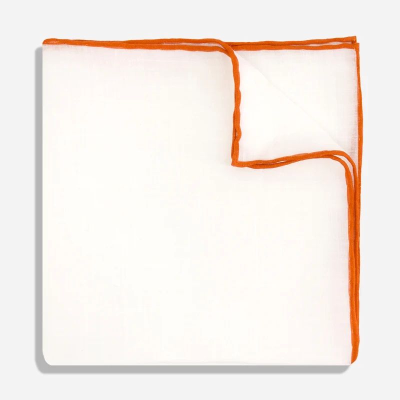 White Linen With Rolled Border Burnt Orange Pocket Square
