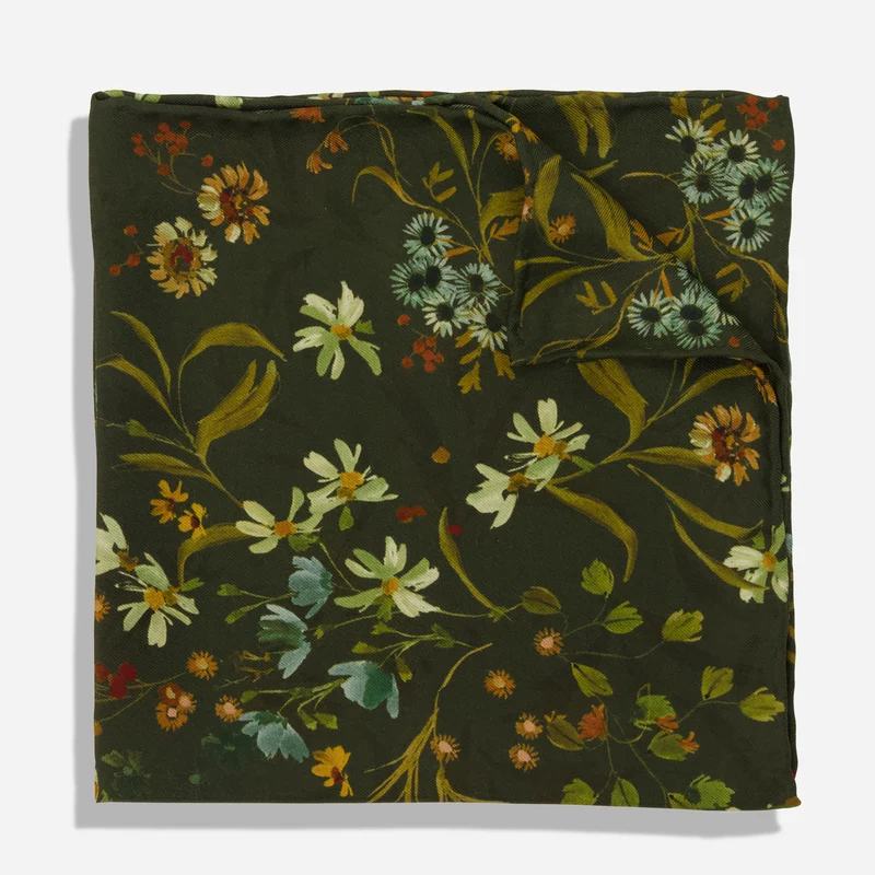 Kelly Ventura x The Tie Bar Eden Floral Dark Olive Pocket Square
