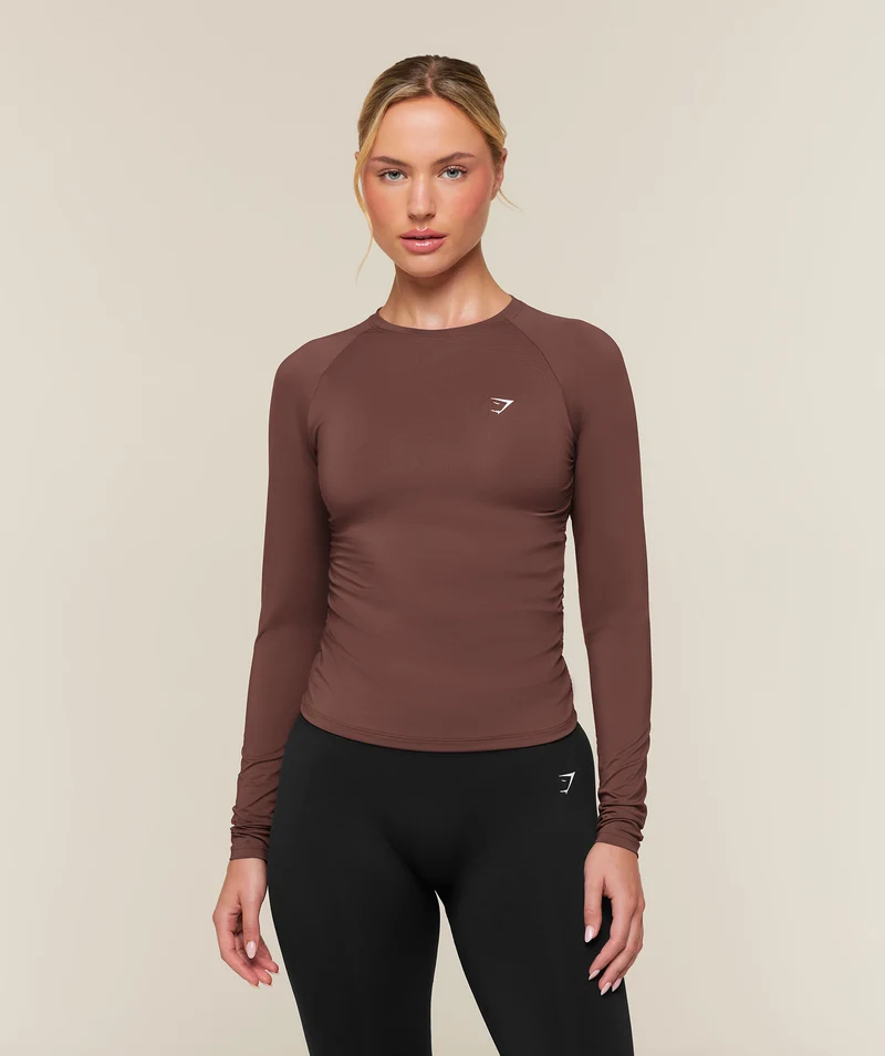 Gymshark Training Ruche Long Sleeve Top - Espresso Brown