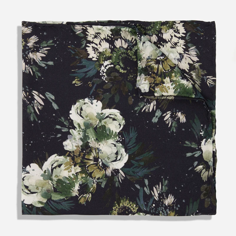 Kelly Ventura x The Tie Bar Enchanted Meadow Floral Black Pocket Square
