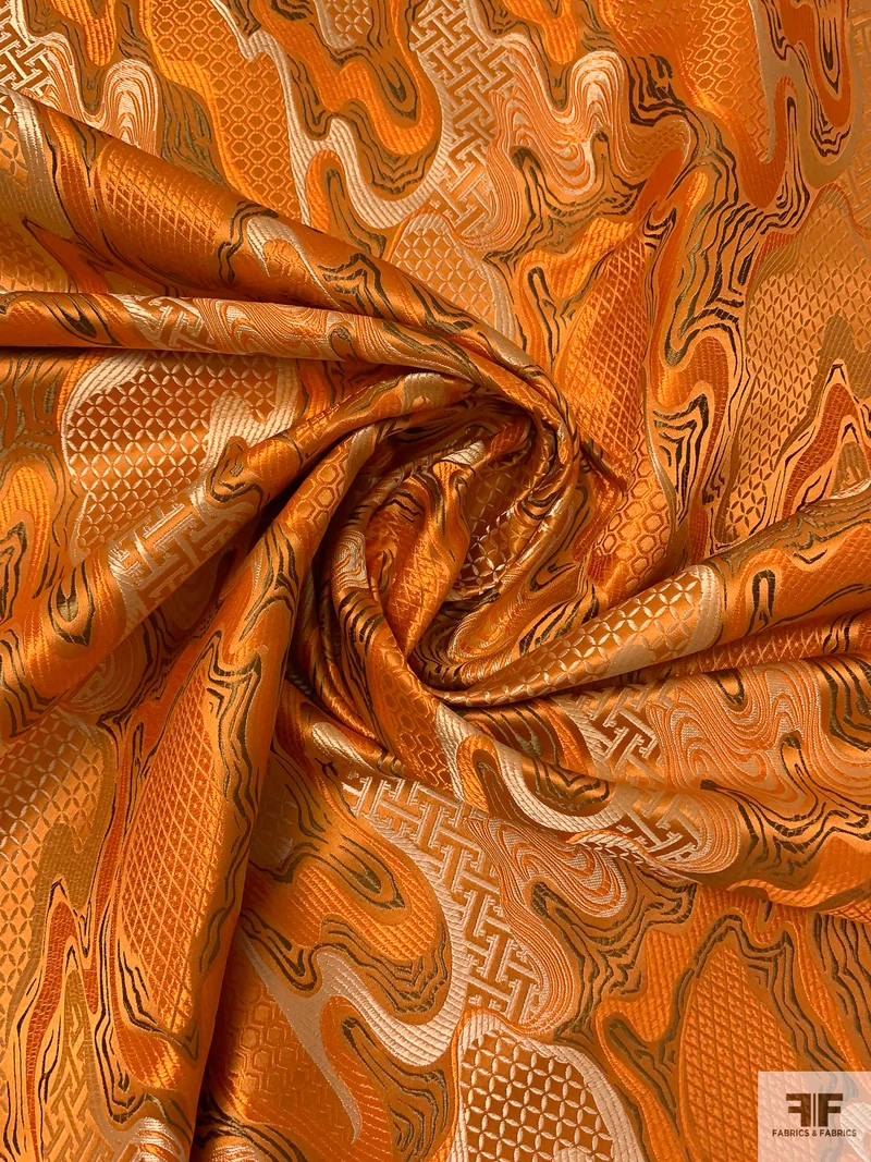 Marble Wood Grain Chinese Brocade - Orange / Beige / Olive Brown