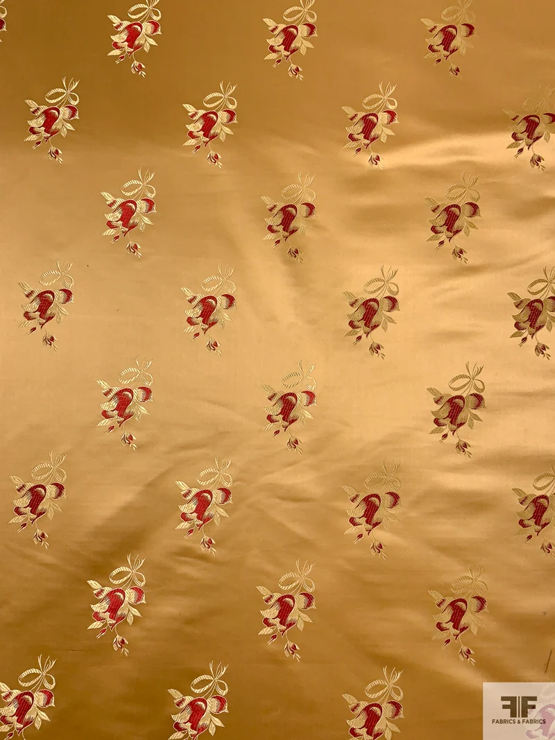Floral Chinese Brocade - Golden Tan / Light Gold / Red